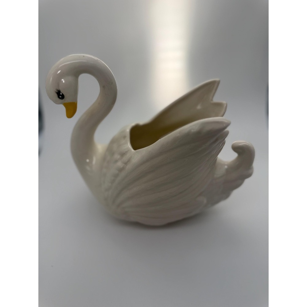 Vintage White Ceramic Swan Planter  Mid-Century Modern Bird Vase Cottage core